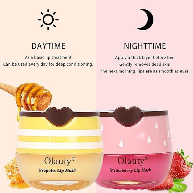 3 PCS Bee Lip Mask Lip Balm Honey Pot, Strawberry & Honey Lip Sleeping Mask Hydrating Prevention Dry and Cracked Lip Scrubs Exfoliator,Lip Mask Overnight Reduces Lip Lines