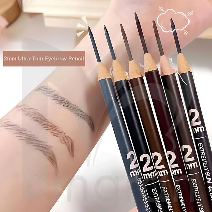 6pcs 2mm Ultra-Thin Eyebrow Pencil with Brush Waterproof Long-Lasting Slim Eyebrow Pencil Peel off Microblading Mapping Pencils (Mix 6 Colors)