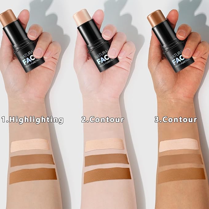 3Pcs Cream Contour Stick Makeup Kit, Shades with Highlighter, Blush and Bronzer Contour Stick for Sculpt the Cheeks, Long Lasting, Waterproof, Matte & Dewy Finish (H)