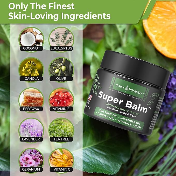 DAILY REMEDY Tea Tree Oil Extra Strength Super Balm - Athletes Foot Cream Combats Ringworm, Jock Itch, Nail Issues - Nourishes Cracked Itchy Skin on Body & Feet - Made in USA