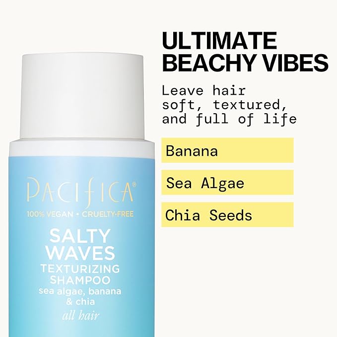 Pacifica Salty Waves Texturizing Shampoo - Beachy Textured, Messy Look, Hair Styles - Moisturizing Hair Care w/Vitamin B & E - Banana Scent Clean Beauty Vegan & Cruelty-Free Dermatologist Tested