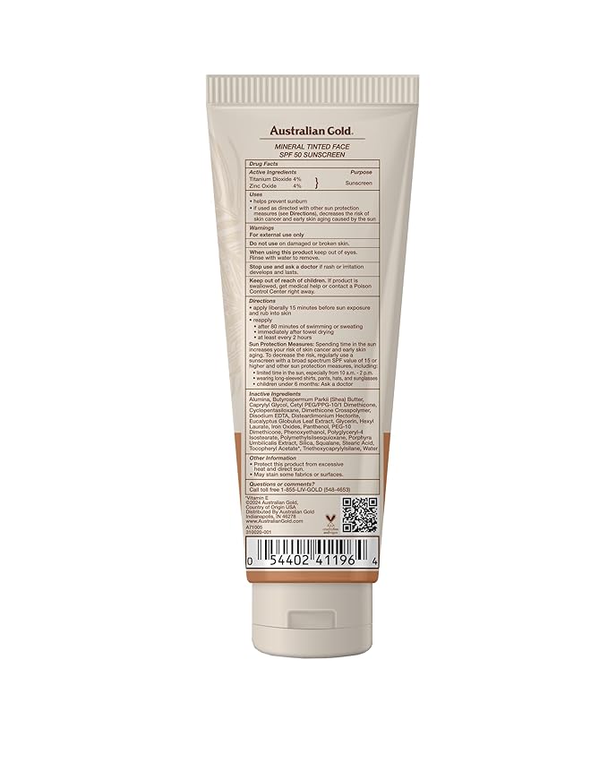 Australian Gold SPF 50 Tinted Mineral Face Sunscreen, Medium to Tan, 2.5 fl oz, Broad Spectrum, Non-Greasy BB Cream with Blue Light & Sun Protection, 4% Zinc Oxide & Titanium Dioxide, Hypoallergenic