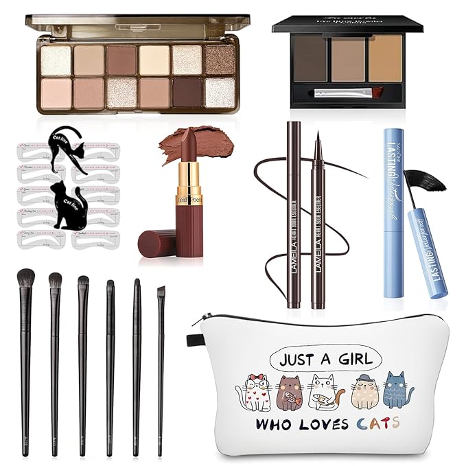 Basic Eye Makeup Kit for Women, 90s Neutral Eyeshadow, Brow Powder, Brow Stencils, Cat Eyeliner Guides, Taupe Matte Lipstick, Cat Lover Cosmetic Bag & etc. - Perfect Makeup Gift Set for Girls & Teens.