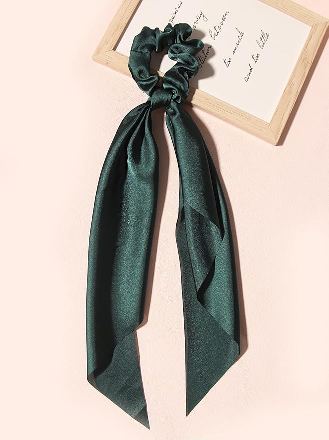 Pack of 2 Knotted Bow Hair Scrunchies Elastic Hair Scarf Black Hair Ties Bands Satin Hair Ribbon Scrunchy Red Ponytail Holder for Women and Girls (Dark green)