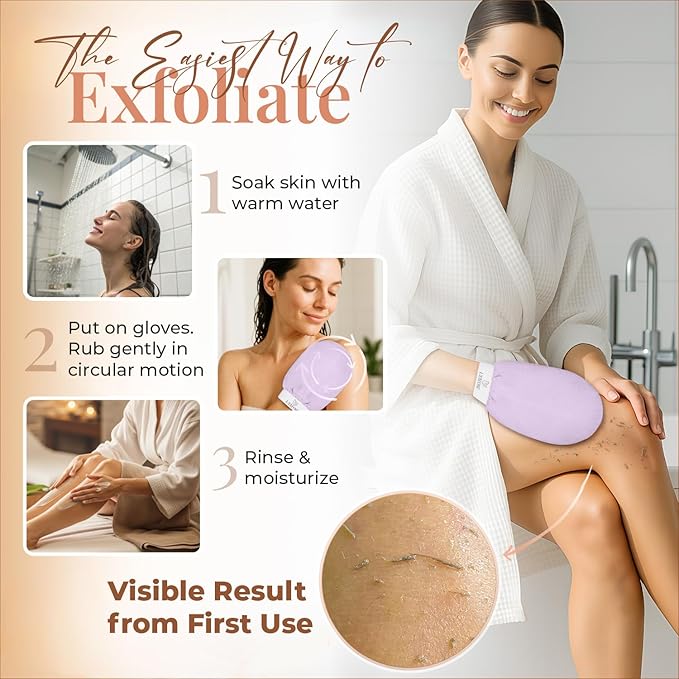 L'Exfose Kessa Hammam Deep Exfoliating Glove 4pc - Korean Exfoliating Mitt for Shower Ideal for Dead Skin Remover, Keratosis Pilaris & Self-Tanning to Improve Skin Tone Made with 100% Natural Viscose