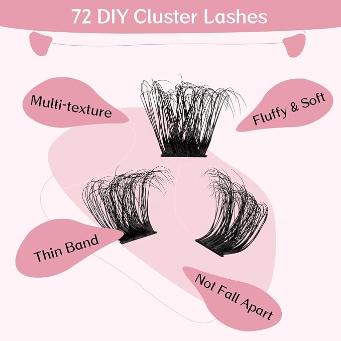 72 Pcs Individual Cluster Lashes 3D Effect DIY Lash Extension 8-16mm Eyelash Clusters Volume Wispy Lashes Super Thin Band Reusable Soft & Comfortable(Adore-3D Fluffy,D-8-16mix)
