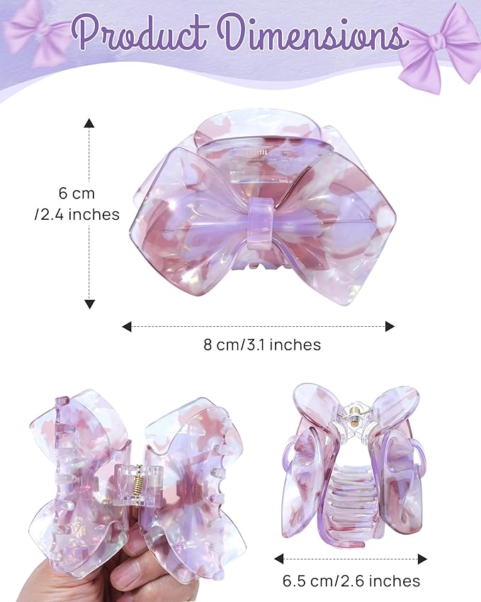 ACECHA Cute Bow Claw Clip - 3.1 Inch Sparkly Hair Claw Clips for Women, Non-slip Hairclips for Thin and Thick, Elegant Hair Accessories for Wedding Prom Party (Purple)