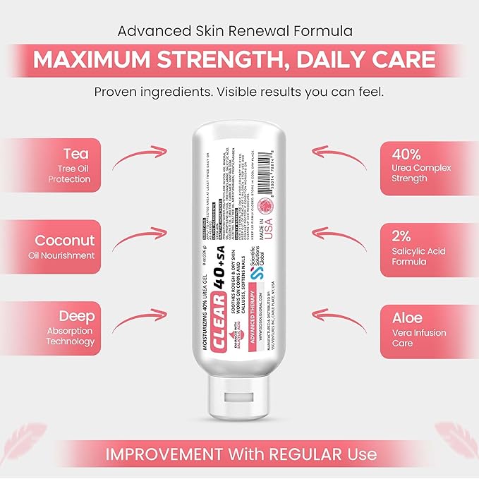 Scientific Solutions Global CLEAR 40 +SA Gel 8oz – 40% Urea + 2% Salicylic Acid Foot & Hand Cream for Dry, Rough Skin – Softens Calluses & Cracked Heels, Aloe Vera & Tea Tree Oil
