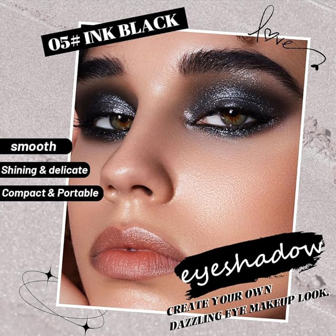 WanTuoluo Sparkly Eyeshadow Palette for Women, Single Monochrome Eye Shadow Makeup, Shiny Pressed Cream Powder, Blendable Natural sombras para ojos, Holographic,Vegan,Travel (05-Glitter-Ink Black)