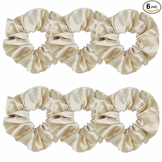 6 Pcs Satin Silk Scrunchies: Soft Hair Ties, Bows, Elastics, and Ponytail Holders for Women and Girls (4.3 inch, Light Gold)