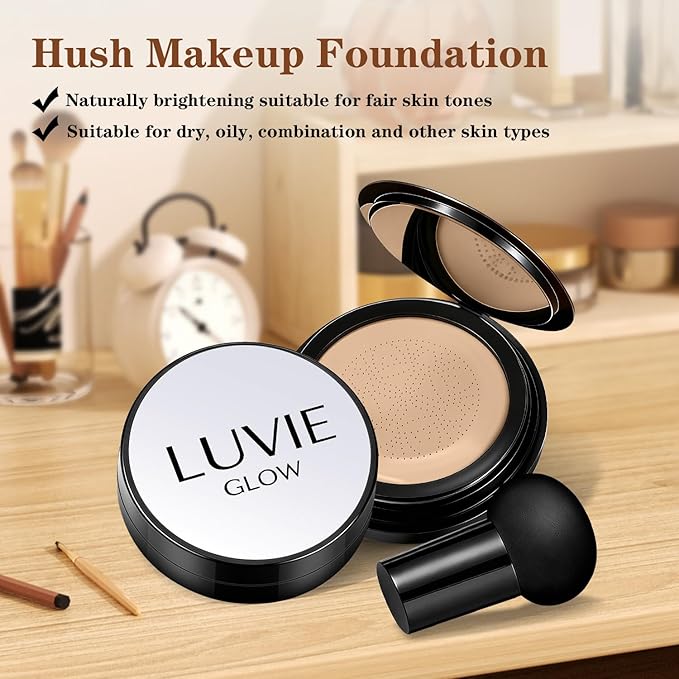 Ideal for Light/Medium Complexions-Hush Makeup Foundation, Mushroom Head Air Cushion CC Cream - BB Cream Foundation for Older Women (Natural color)