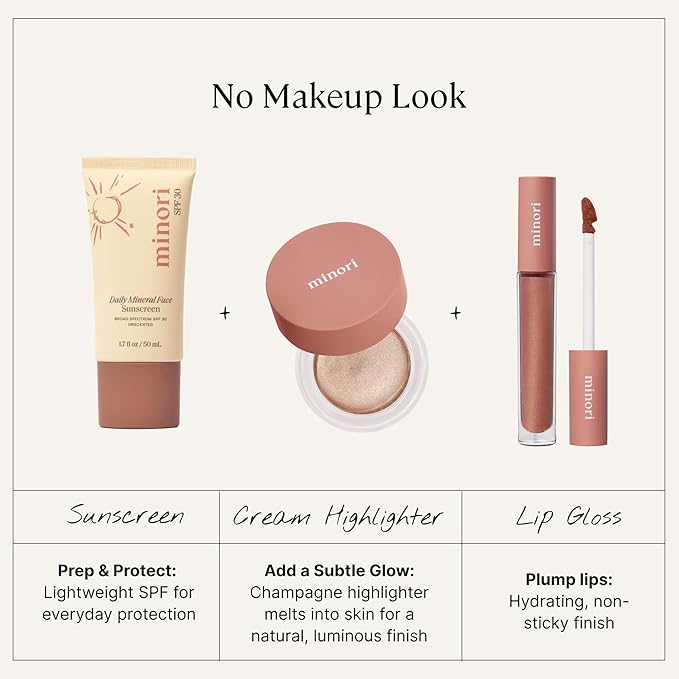 Minori No Makeup Glow Kit, Radiant Duo Gift Set: Full-Size Lip Gloss in Cozy & Cream Highlighter in Champagne, Vegan & Cruelty-Free for a Minimalist Glow