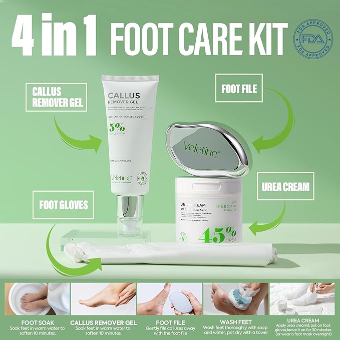 Tea Tree & Aloe Foot Care Set - Urea Cream,Callus Remover Gel & Foot Callus Remover,10Pairs Mask Sleeves for Dry Cracked Feet - Pedicure Kit for for Birthday Women Men Gift
