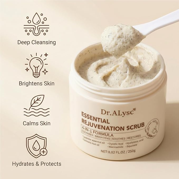 Essence Revitalizing Scrub with Turmeric Glycolic Acid Niacinamide Treatment for Sensitive Skin Gentle, Creamy Lavender Scrub, Cleanses, Soothes, Repair Face & Body 4-in-1, 8.8oz