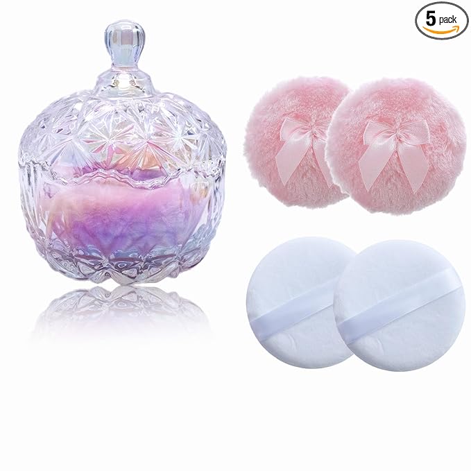5 Pieces Large Body Powder Puff and Powder Container, Crystal Case for Dust Puff, Powder applicator with Box for Face and Body (Glitter, Crown)