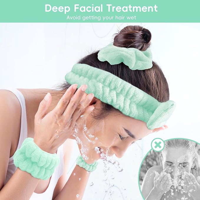 my novel things Facial Cleansing Brush, Spa Headband for Washing Face, Skincare Headband and Wristband Set, 2-in-1 Skin Care face Brush, Come with a Hair Scrunchie, for Massaging Makeup Skincare-Blue