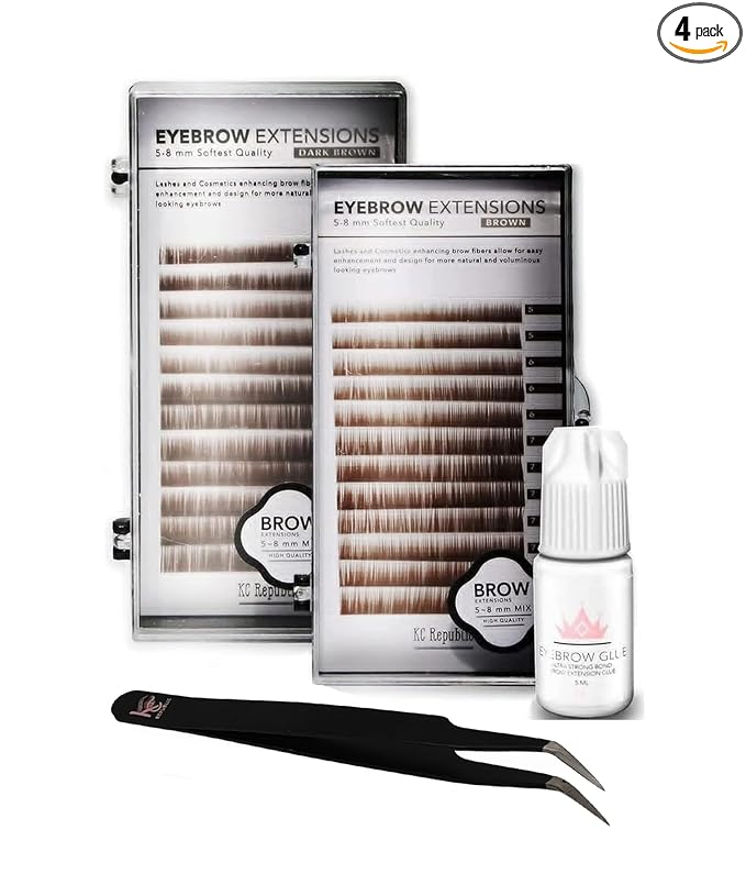 Lash Eyebrow Extensions Kit with 2 Trays of Mink False Eyebrows in Brown and Dark Brown, Eyebrow Glue Clear & Extension Tweezers, Comes on Mixed Length 5-8 mm (Black Tweezer)