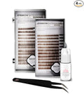 Lash Eyebrow Extensions Kit with 2 Trays of Mink False Eyebrows in Brown and Dark Brown, Eyebrow Glue Clear & Extension Tweezers, Comes on Mixed Length 5-8 mm (Black Tweezer)