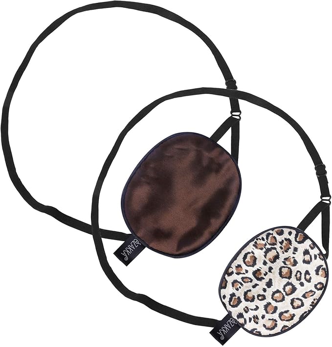 eZAKKA 2 Pieces Silk Eye Patch Medical Eye Patch for Adult Women Elastic Lazy Adjustable Single Eyepatch with Elastic Strap (L, Brown+Leopard)