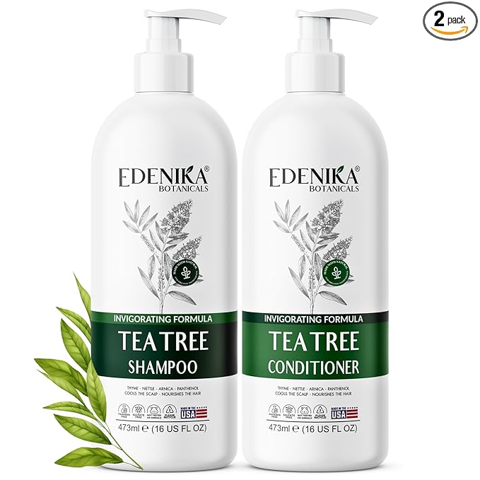 EDENIKA BOTANICALS Tea Tree Oil Shampoo and Conditioner Set, Deep Cleansing for Buildup & Oily Scalp, Soothes Itchy Scalp & Refreshes Hair, Sulfate Free, Women & Men, 16 fl oz Each
