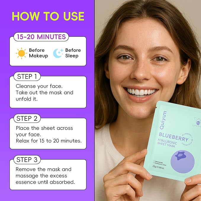 QUIYUM 14 Pack Blueberry Sheet Mask - Hydrating Facial Masks for All Skin Types, Skincare Set, Spa Gift for Women & Teens