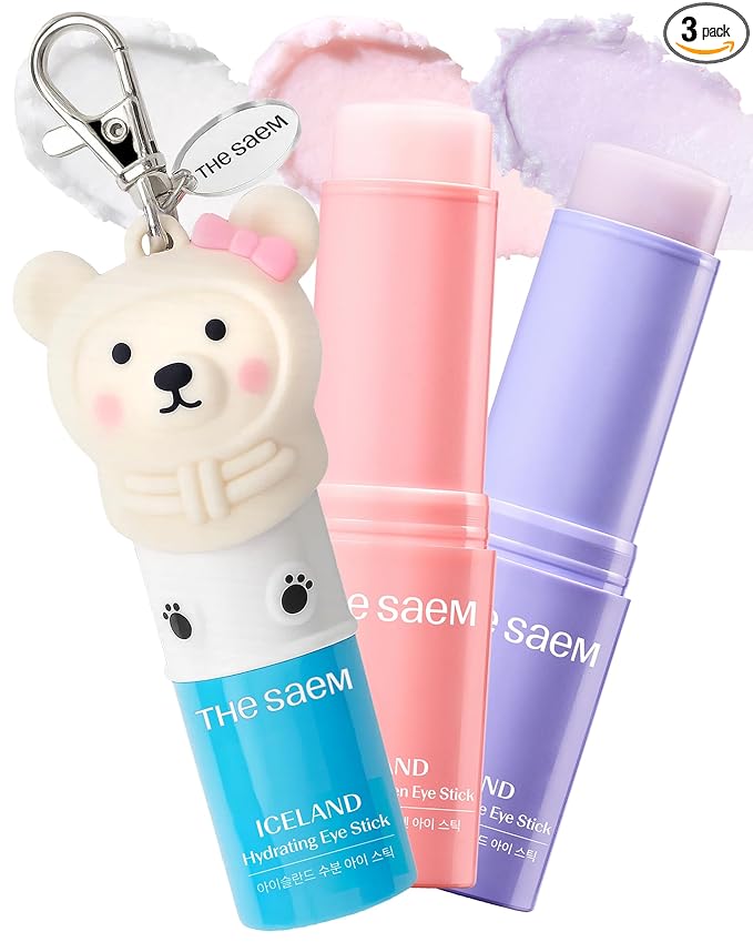 THESAEM Iceland Hydrating Eye Stick 3-Pack Set with Cute Bear Keyring - Cooling Balm Trio for Dark Circles, Wrinkles & Puffiness – Peptide & Collagen Under Eye Treatment - K-Beauty Gift Set