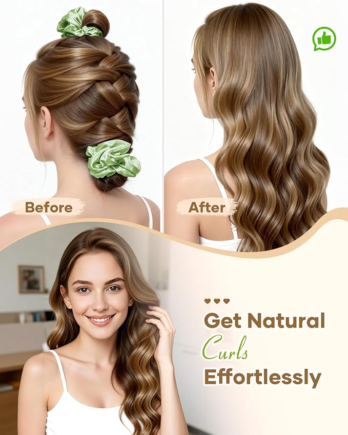 BONNET QUEEN Satin Heatless Hair Curler, Overnight Curls for Long Hair, Ultra Soft Daily Use of Hair Accessories & 2 Scrunchies, Damage-Free Styling, Soft Hair Curlers for Overnight, Sage