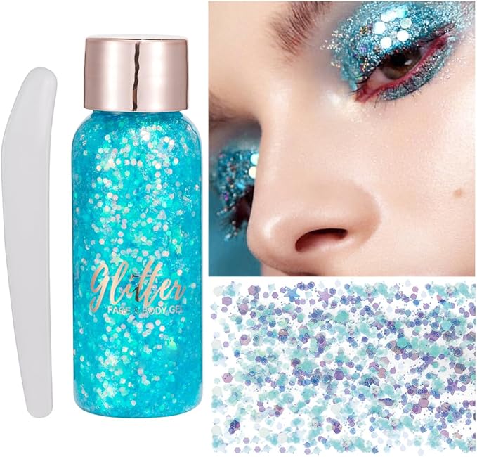 Mermaid Sequins Chunky Glitter Liquid Eyeshadow Glitter Body Gel Festival Glitter Cosmetic Face Hair Nails Makeup Long Lasting Sparkling 30g (#106 Light Blue)