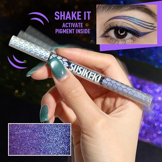 SUSIKEKI Chameleon Liquid Eyeliner, Blue Purple Metallic Color Shifting Shimmery Eye Liner, Duo-color Waterproof Long Lasting Glitter Eye Makeup Pen Eyeliners (Twilight Iris)