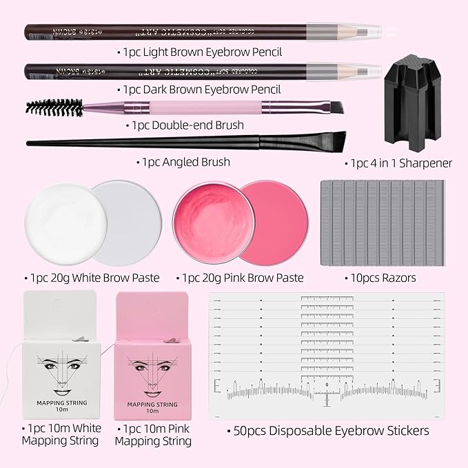 ATOMUS Brow Mapping Kit with 10m Pink & White Mapping String 20g White & Pink Brow Paste 50pcs Eyebrow Ruler Stickers 2 Brow Brushes 2pcs Eyebrow Pencil 1pc Sharpener 10pcs Blades