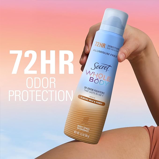 Secret Whole Body Deodorant Spray for Women, Almond Milk & Honey Scent, Aluminum Free Deodorant, 72 HR Odor Protection, 3.5oz