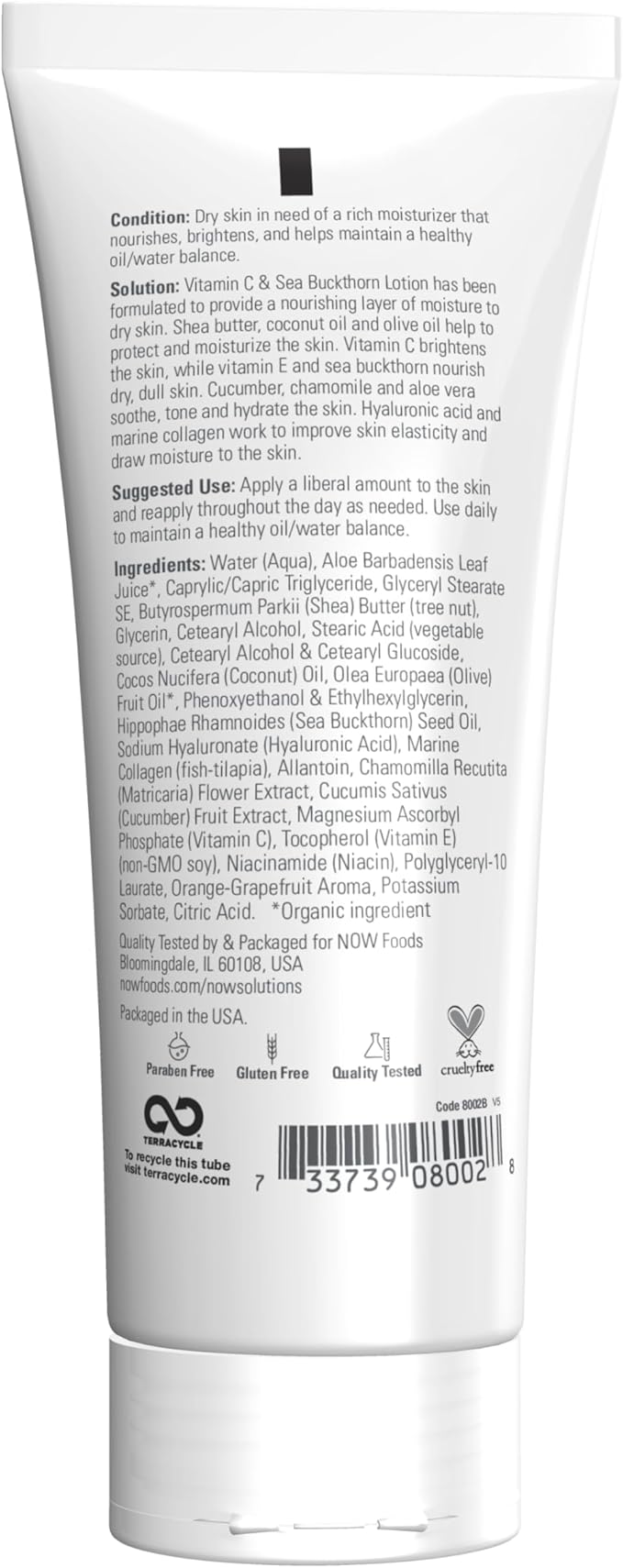 NOW Foods Solutions, Vitamin C and Sea Buckthorn Lotion, Hydrates, Repairs and Nourishes Dry Dull Skin, 8-Ounce