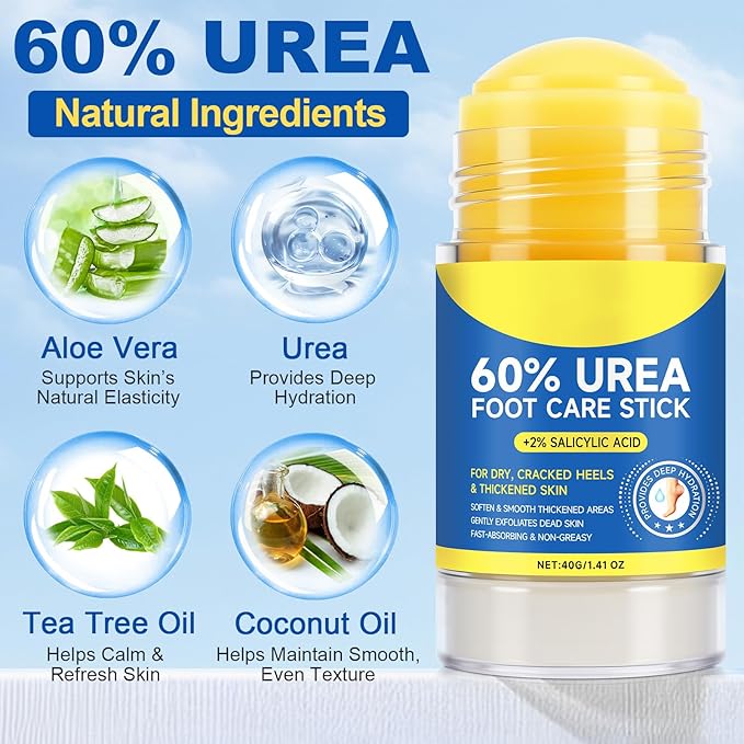 60% Urea with 2% Salicylic Acid Urea Foot Care Stick,Gentle hydrating winter foot cracking care cream,Cracked Heel Repair Restoring Balm,Moisturizes and Hydrates the Dry Skin，Feet Callus Remover(1PCS)
