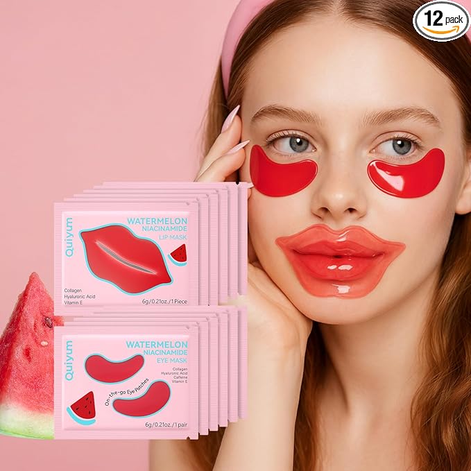 QUIYUM Watermelon Niacinamide Lip & Eye Mask Set - Hydrating Collagen Lip Masks + Eye Pads, Nourishing Skincare for Lips & Eyes (12 Packs)