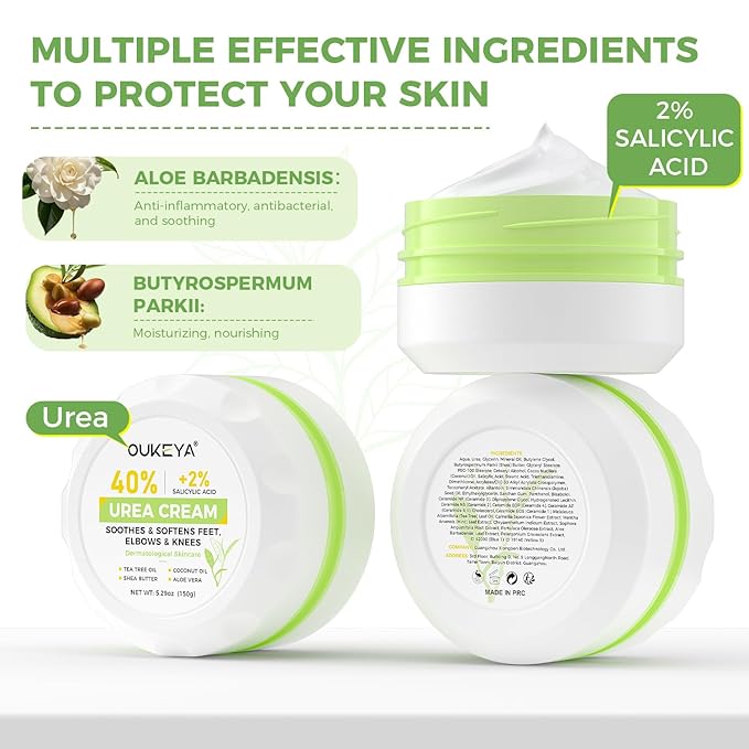 OUKEYA 40 Percent Urea Foot Cream,with Salicylic Acid,Tea Tree Oi & Ceramides,Cracked Heel Smooth | Dry Skin Exfoliator | Nourishes | For Foot,Hands, Elbows, Knees 5.29 Oz