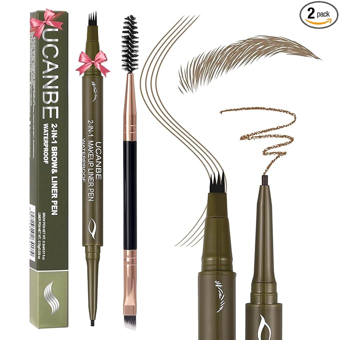 UCANBE Eyebrow Pencils for Women with Spoolie Brush, Dual-Ended Eyebrow Pen with 4-Fork-Tip & Gel Eyeliner, Microblading Brow Pen with Eyeliner Pencil + Brow Brush for Hair Like Brows, Light Brown