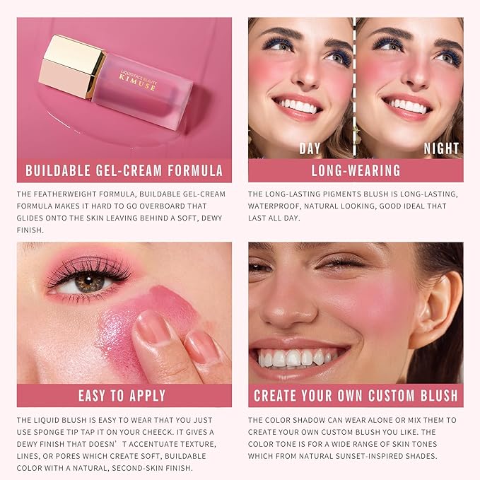 KIMUSE Liquid Blush, Long-Wearing Pigmented Soft Cream Face Blush, Waterproof, Smudge Proof, Dewy Finish