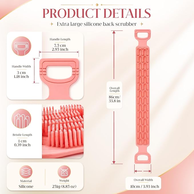 Manmihealth Silicone Back Scrubber for Shower, 33.8'' Exfoliating Body Scrubber with Long Strap Handle, Dual-Sided Extendable Back Washer for Men and Women (Pink)