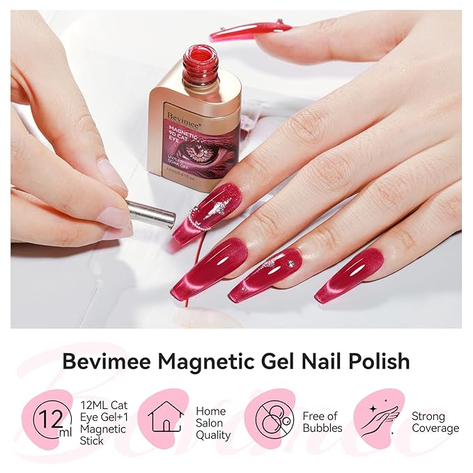 Red Cat Eye Gel Polish, Jelly Glass Magnetic Nail Polish, Ruby Red UV Glitter Holographic, Cateye Gel Polish with Magnet Shimmer Manicure Salon DIY at Home for Women, 12ML