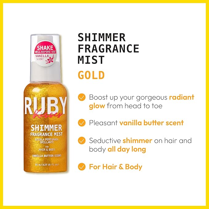 Ruby Kisses Shimmer Fragrance Body and Hair Mist Spray, Vanilla Glitter Body Perfume Spray, Skin Perfume, Liquid Illuminator Highlighter for Skin (GOLD)