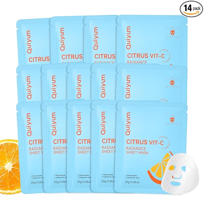 QUIYUM 14 Pack Citrus Sheet Mask - Hydrating Facial Masks for All Skin Types, Skincare Set, Spa Gift for Women & Teens