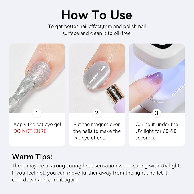 HEMA Free TPO Free Cat Eye Gel Nail Polish, 3-In-1 One Step Silver Cateye Gel Polish with Magnet, 12ml Glossy Glitter Magnetic Soak Off UV/LED Nail Art Gift
