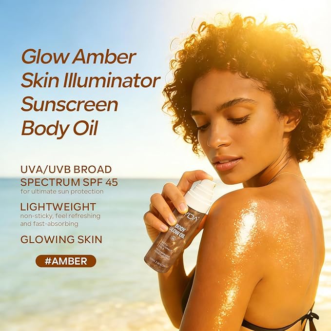 KYDA Travel Size Sunscreen, SPF 45 Body Glow Oil with Sequin Mica, Lightweight Moisturizing Coconuts Sunscreen SPF Glow Oil, Sun-kissed Shimmer Body Lotion, Water Resistant, 3.38 fl oz, AMBER