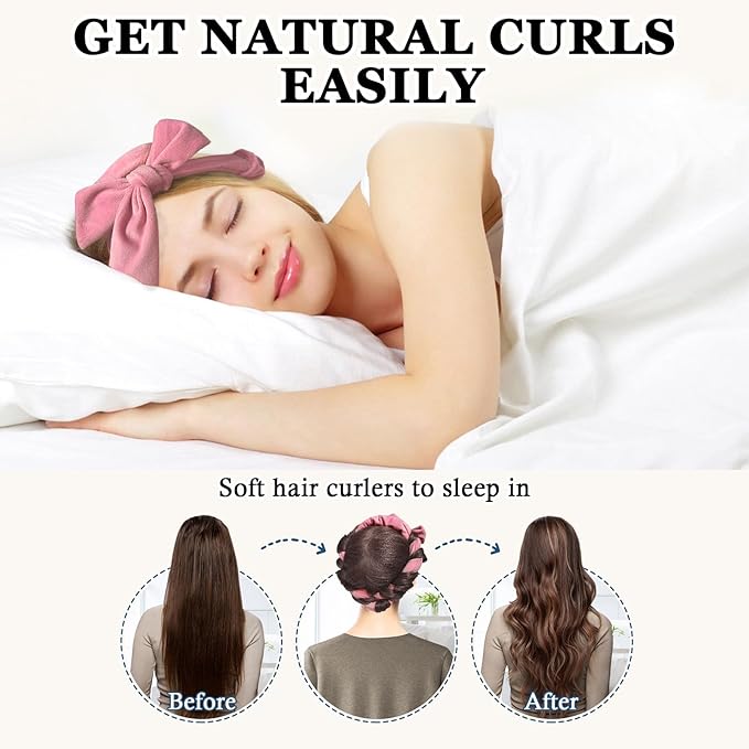 Gwabee Soft Overnight Curl Headband, 70" Hair Curlers Ribbon Wrap for Long Hair with 9 PCS Rods and Yoga Strap - Pink