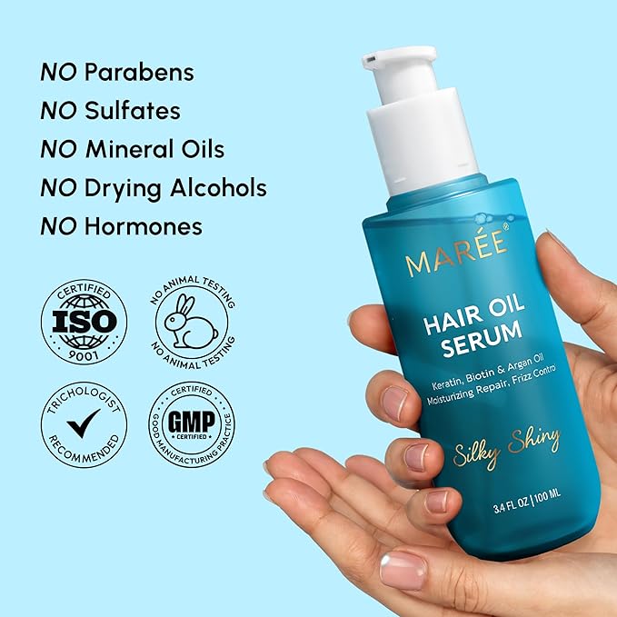 MAREE Hair Oil for Frizzy Hair with Argan Oil, Keratin & Biotin 3 PACK – Hair Serum for Dry and Curly Hair Gloss – Frizz Control Hair Care Products for Women – Aceite Para el Cabello