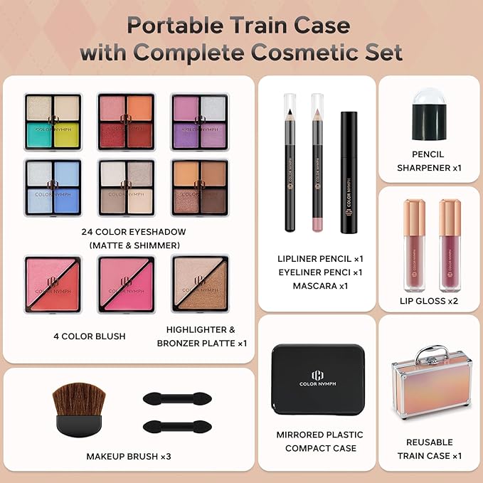 Color Nymph Beginner Makeup Kits For Teens With Train Case Included Full Makeup Kit Eyeshadow Palette Blushes Bronzer Highlighter Lipstick Brushes Mirror（Gold）