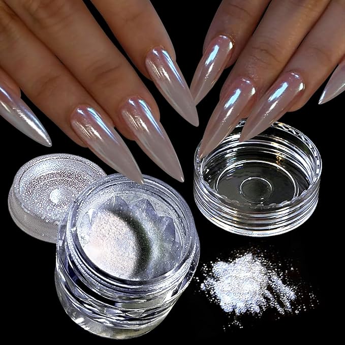 White Chrome Nail Powder Shimmer Clear Aurora Mirror Effect Ice Transparent Blue Glitter Pigment Chrome Powder for Nails Gel Polish Design Unicorn Pearl Powders 0.5g