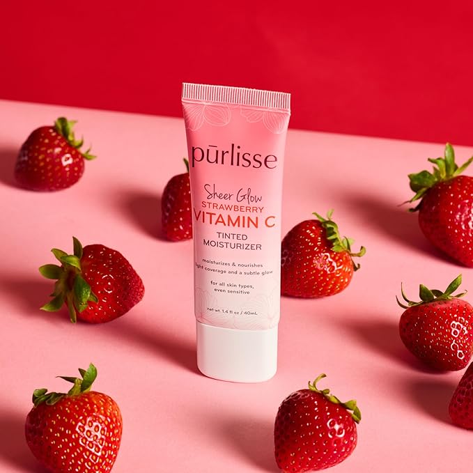 pūrlisse Sheer Glow Strawberry Vitamin C Tinted Moisturizer - Skin Tint Moisturizer Enriched with Antioxidants to Even Complexion - Dewy Light Coverage for All Skin Types - Deep (1.4 oz)