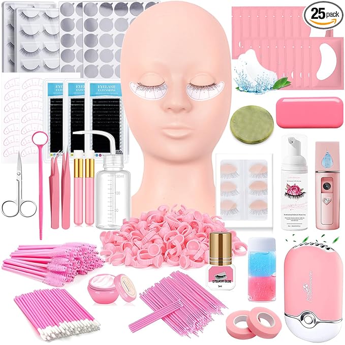 QUKLOGEN Lash Extension Kit Eyelash Practice for Beginners Professional Set with Mannequin Head Removable Eyelids USB Fan Spraye Individual False Lash Eyelash Strips Shampoo Brush Supplies