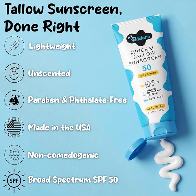 Beef Tallow Sunscreen SPF 50 – Mineral Sunscreen for Face & Body, Unscented, Reef Safe Sunscreen Lotion, Water Resistant, Zinc Oxide, Made in USA